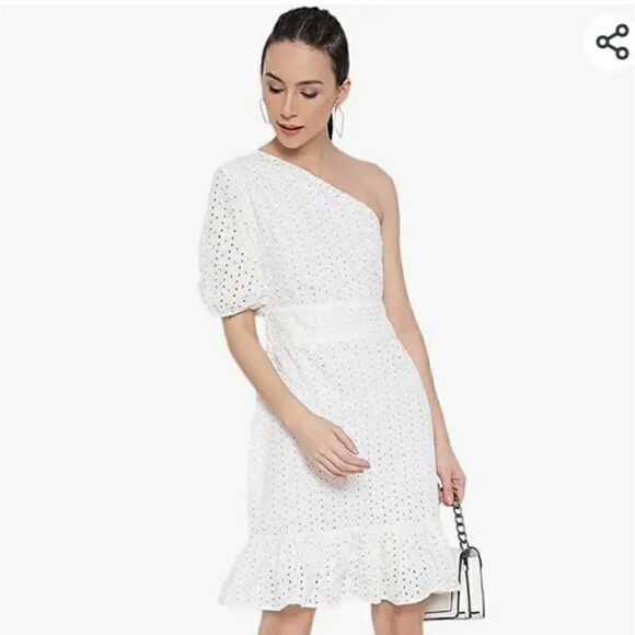 Take 50% OFF- MARC LOUIS White One Shoulder Laced Dress, Size-S - Picture 1 of 9
